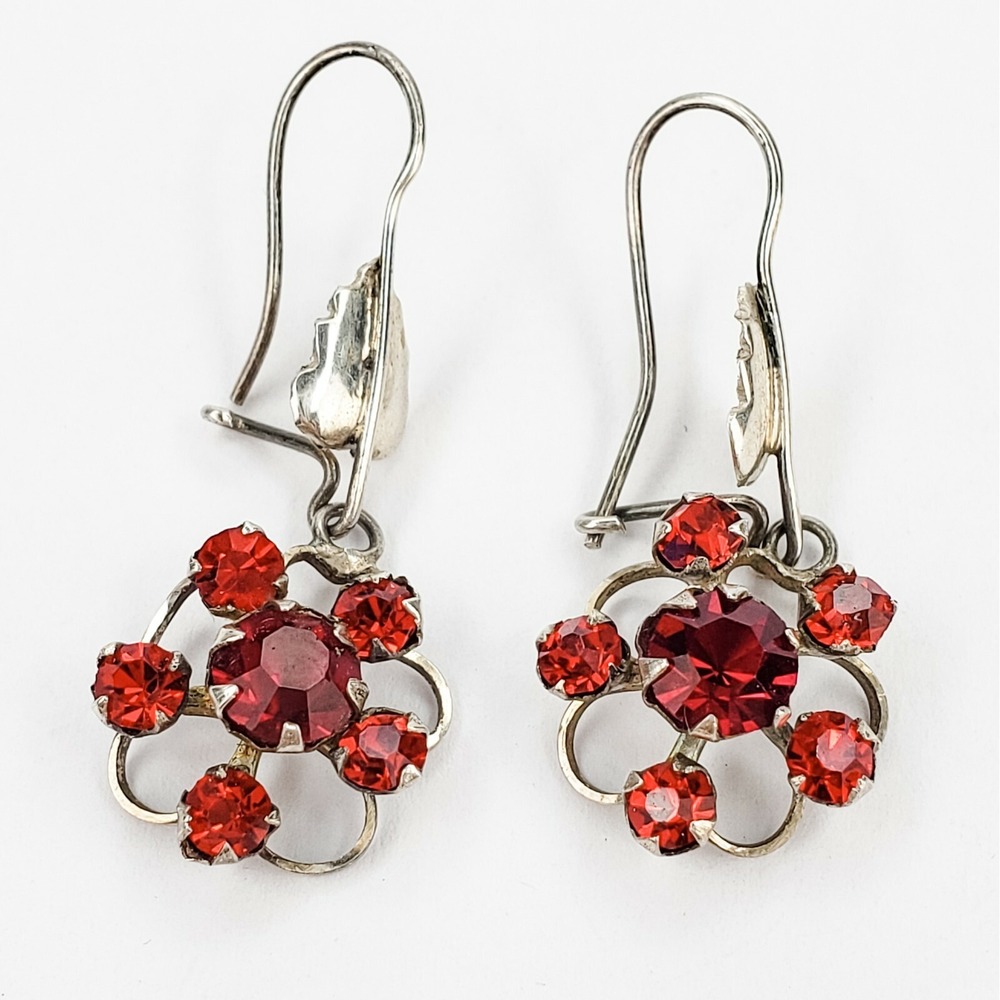 Vintage Silver Tone Bright Red Rhinestone Dangle Earrings Retro Costume Jewelry